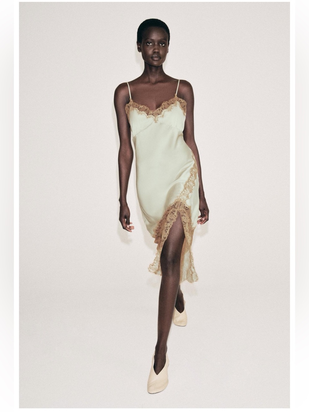 Zara Women Collection Satin Lace Slip Dress - Cream with Gold Lace